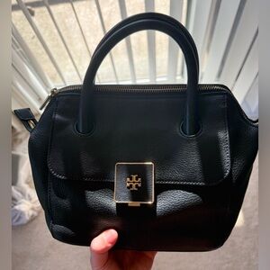 Tory Burch Black Leather Top-Handle Satchel with Gold Hardware